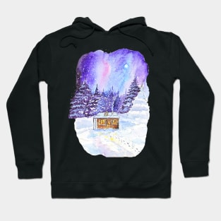 Snowy Night: Watercolor Winter Landscape with Cozy Cottage Hoodie